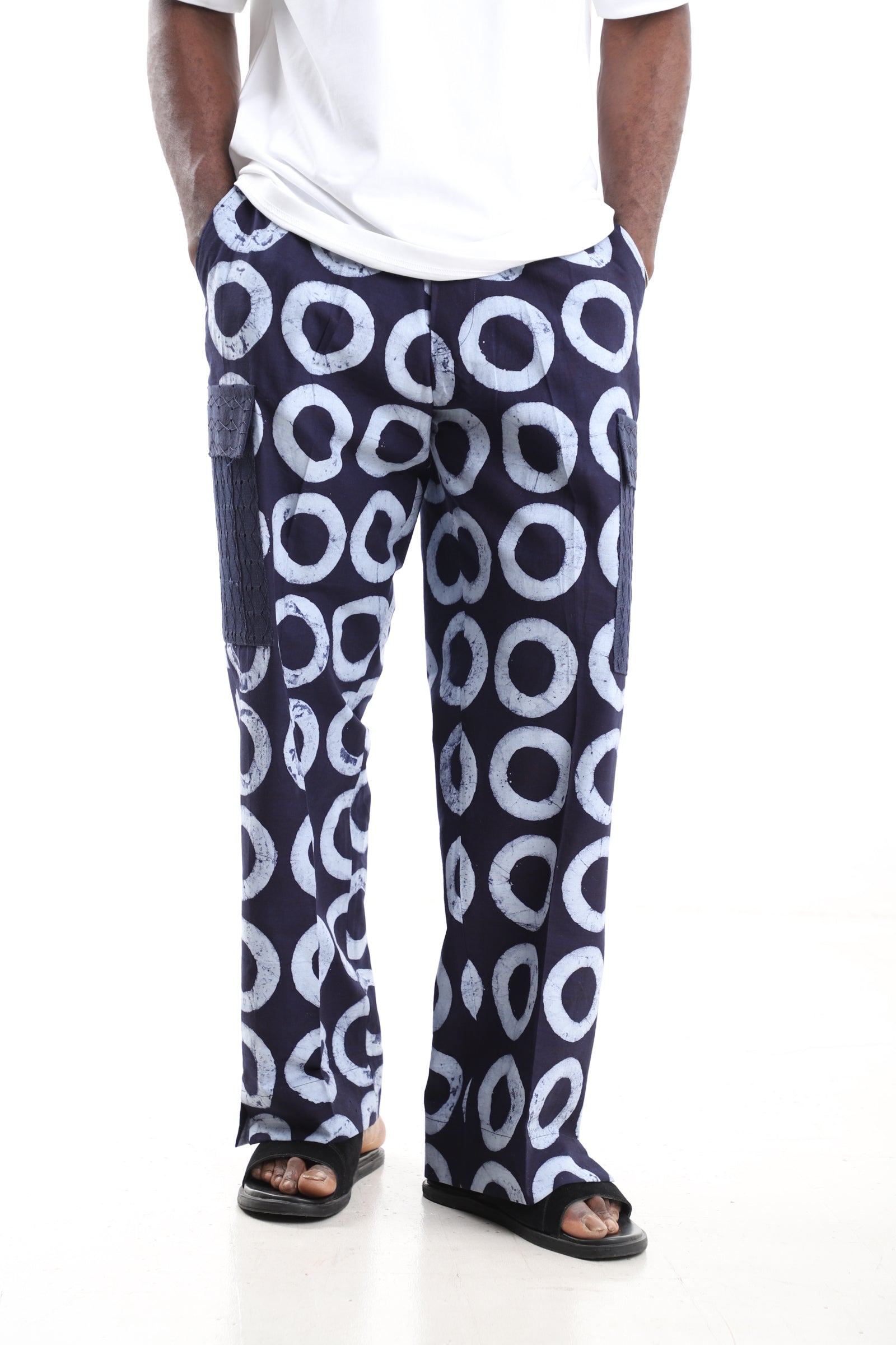King Kaftan Navy Adire Cargo Pants – Front View – African men's fashion Nigeria