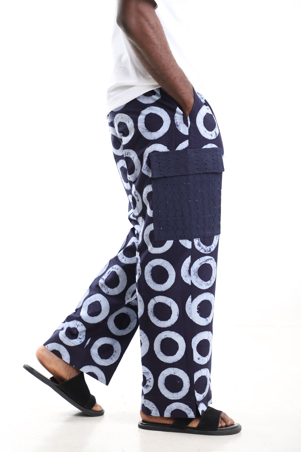 King Kaftan Navy Adire Cargo Pants – Side View – African men's fashion Nigeria