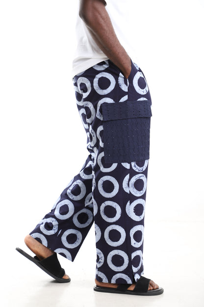 King Kaftan Navy Adire Cargo Pants – Side View – African men's fashion Nigeria