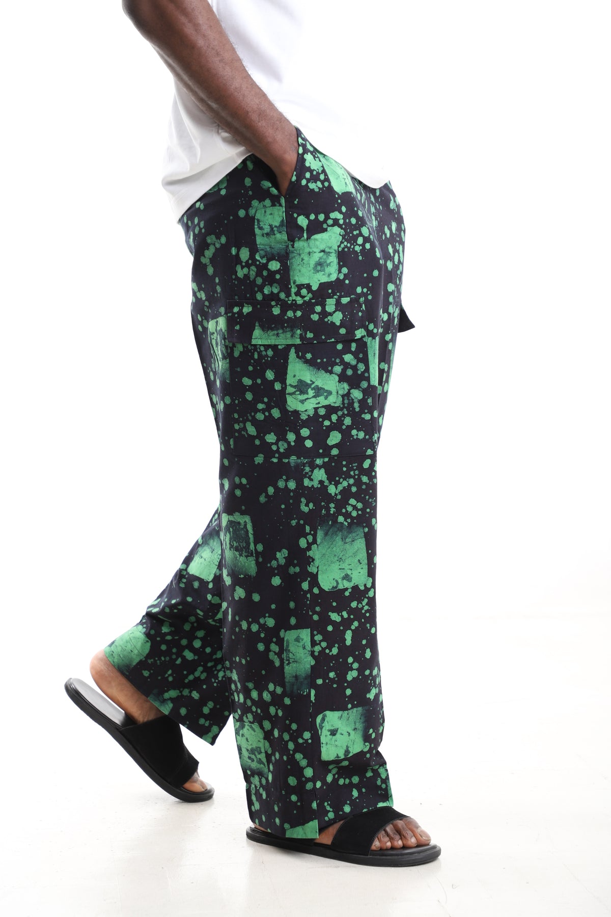 King Kaftan Green Adire Cargo Pants – Cargo Pocket Detail – African men's fashion Nigeria