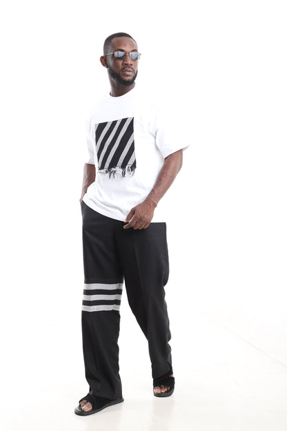Two-Piece Linen Pants and T-Shirt Set with Aso-Oke Accents