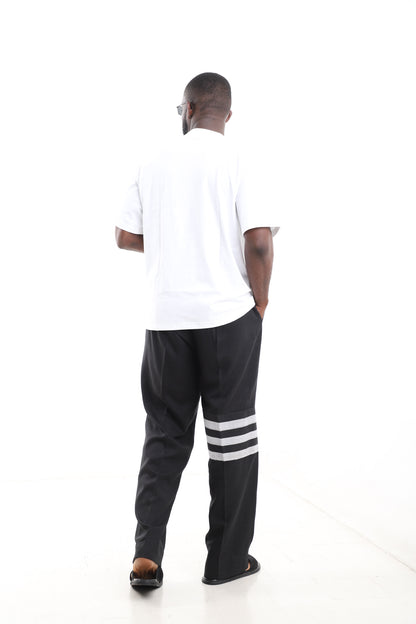 Two-Piece Linen Pants and T-Shirt Set with Aso-Oke Accents