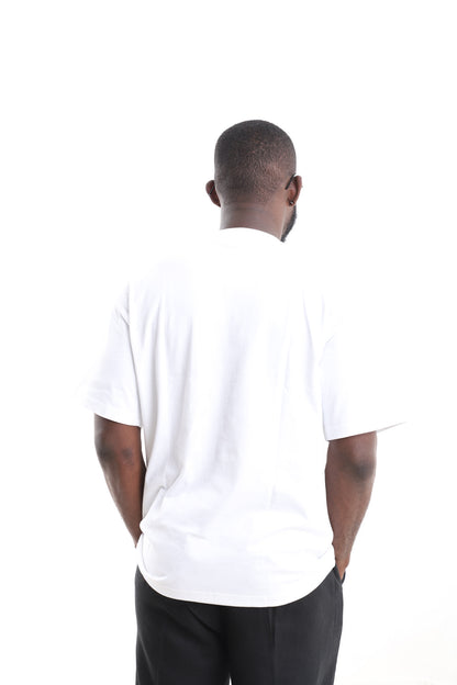 White Linen-Cotton T-Shirt with Striped Fringe Aso-Oke Chest Patch