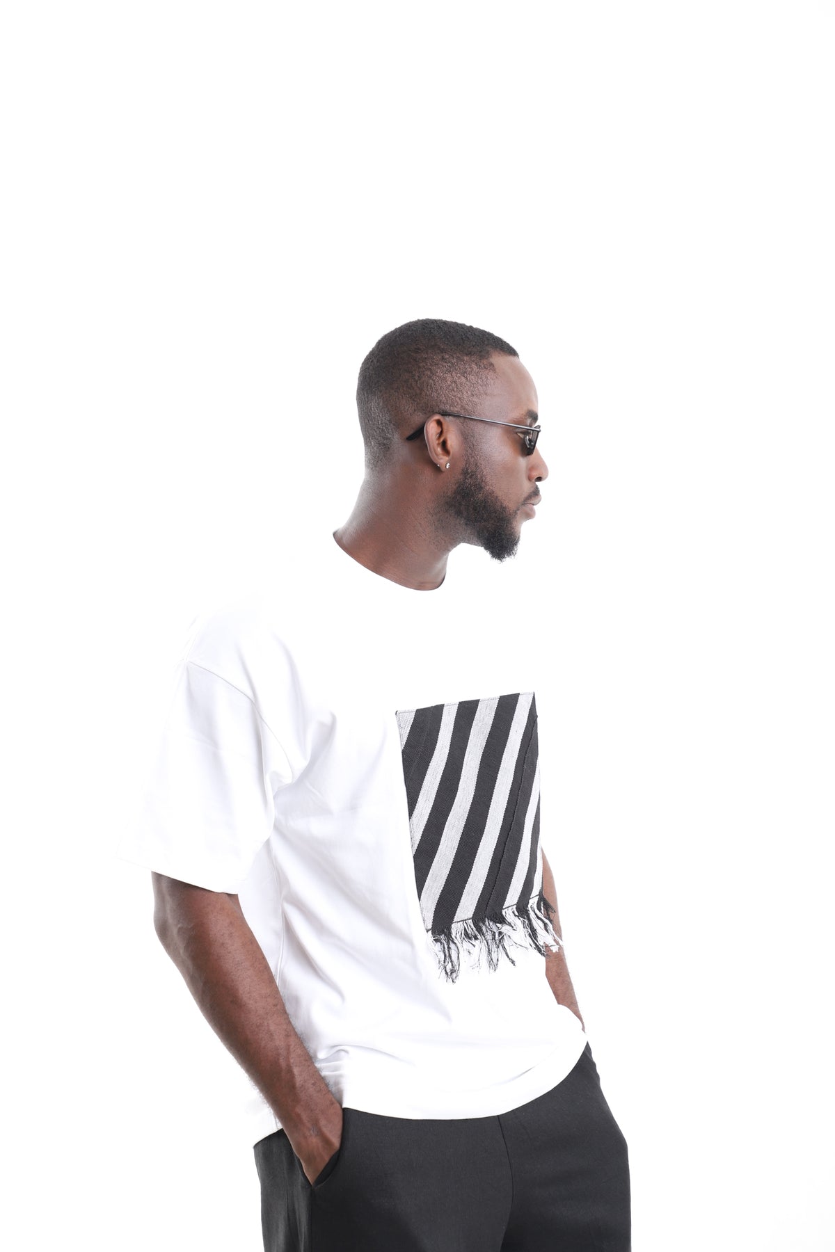 White Linen-Cotton T-Shirt with Striped Fringe Aso-Oke Chest Patch