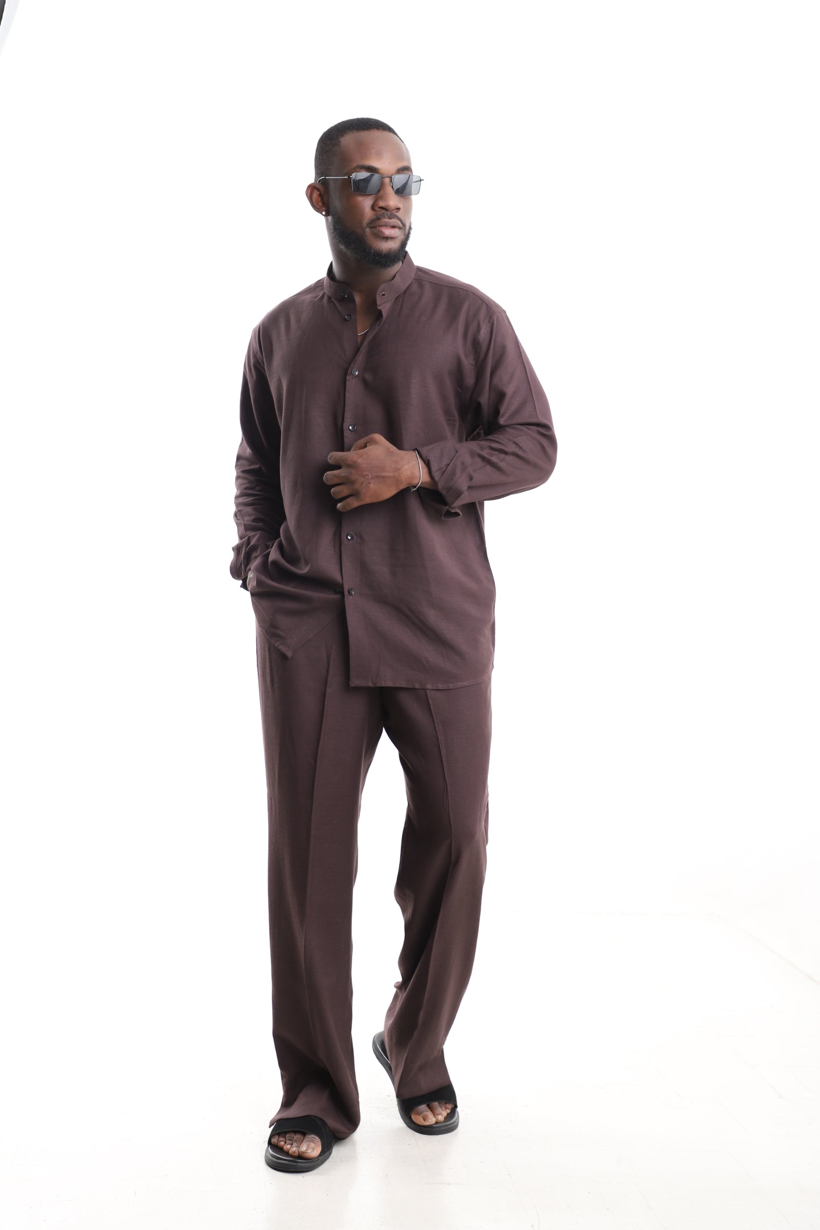 King Kaftan Chocolate Brown Linen Set – Front View – African men's fashion Nigeria