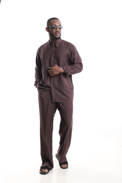 King Kaftan Chocolate Brown Linen Set – Front View – African men's fashion Nigeria