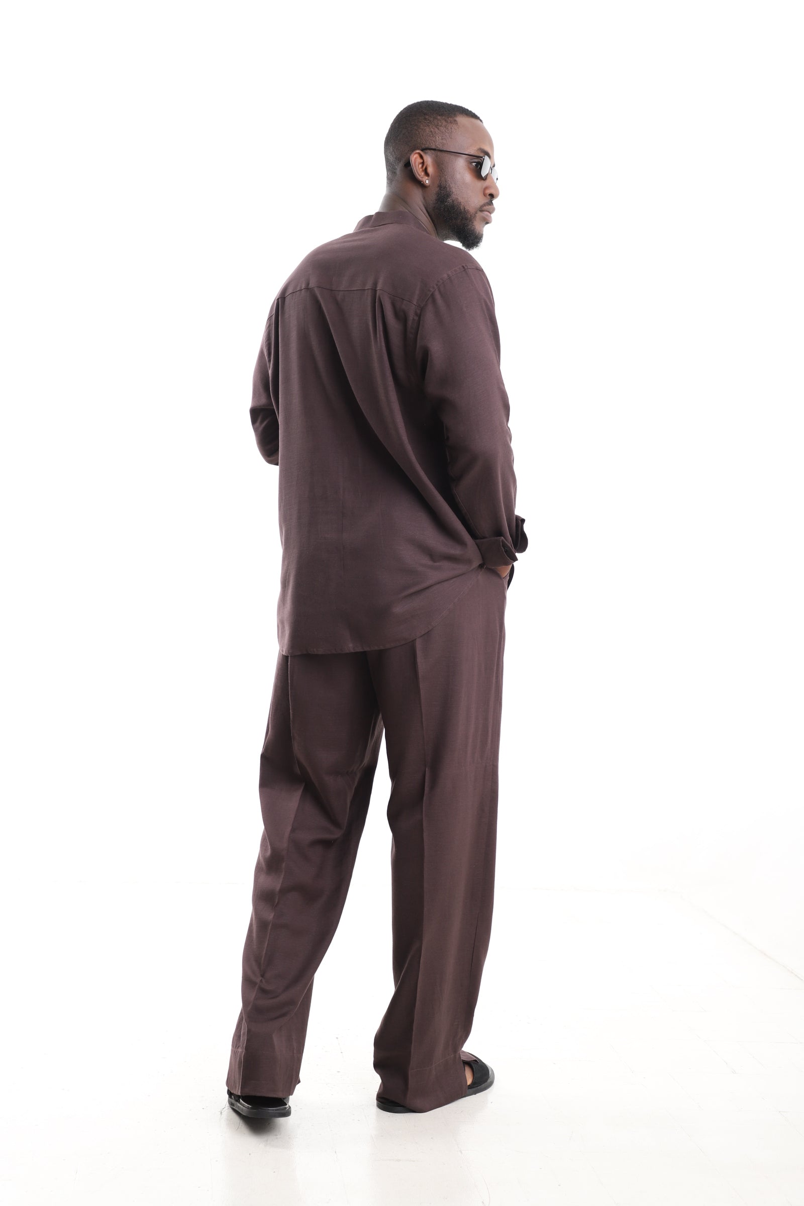 King Kaftan Chocolate Brown Linen Set – Back View – African men's fashion Nigeria