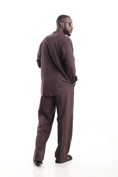 King Kaftan Chocolate Brown Linen Set – Back View – African men's fashion Nigeria