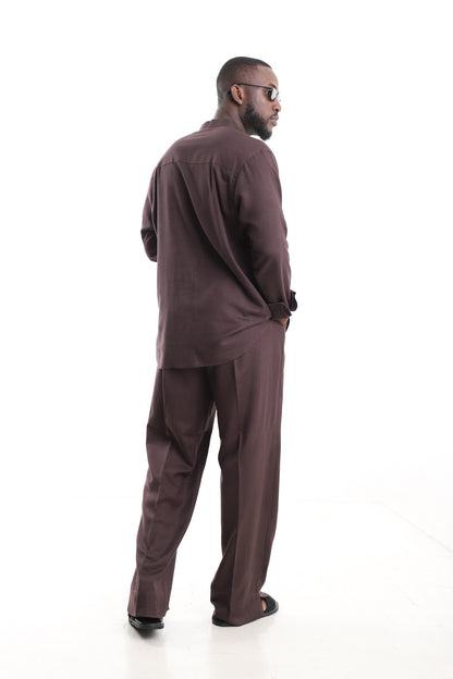 King Kaftan Chocolate Brown Linen Set – Back View – African men's fashion Nigeria