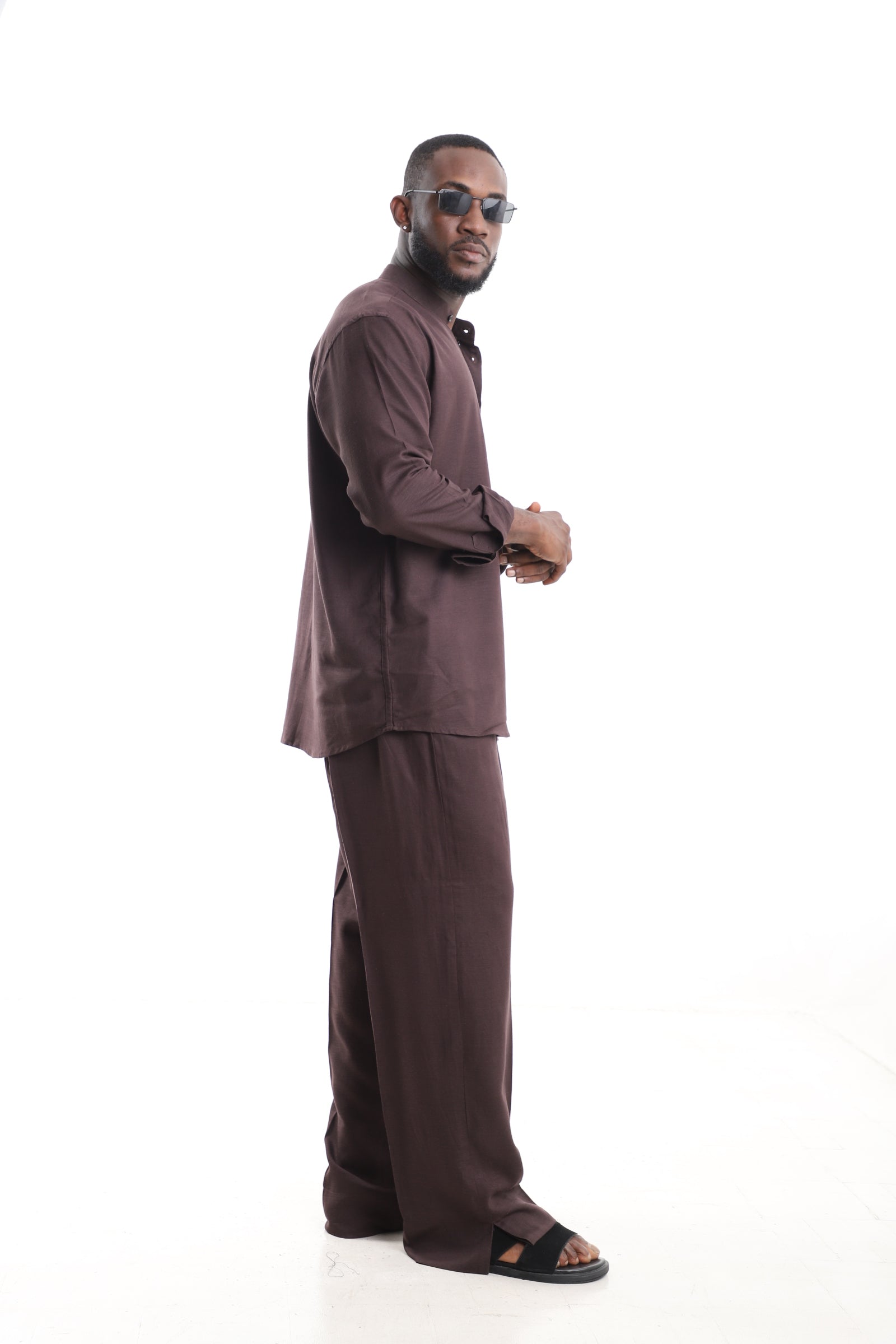 King Kaftan Chocolate Brown Linen Set – Side View – African men's fashion Nigeria