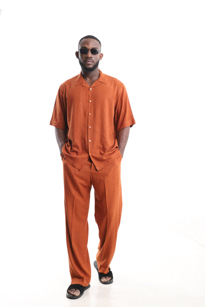 King Kaftan Burnt Orange Linen Set – Front View – African men's fashion Nigeria