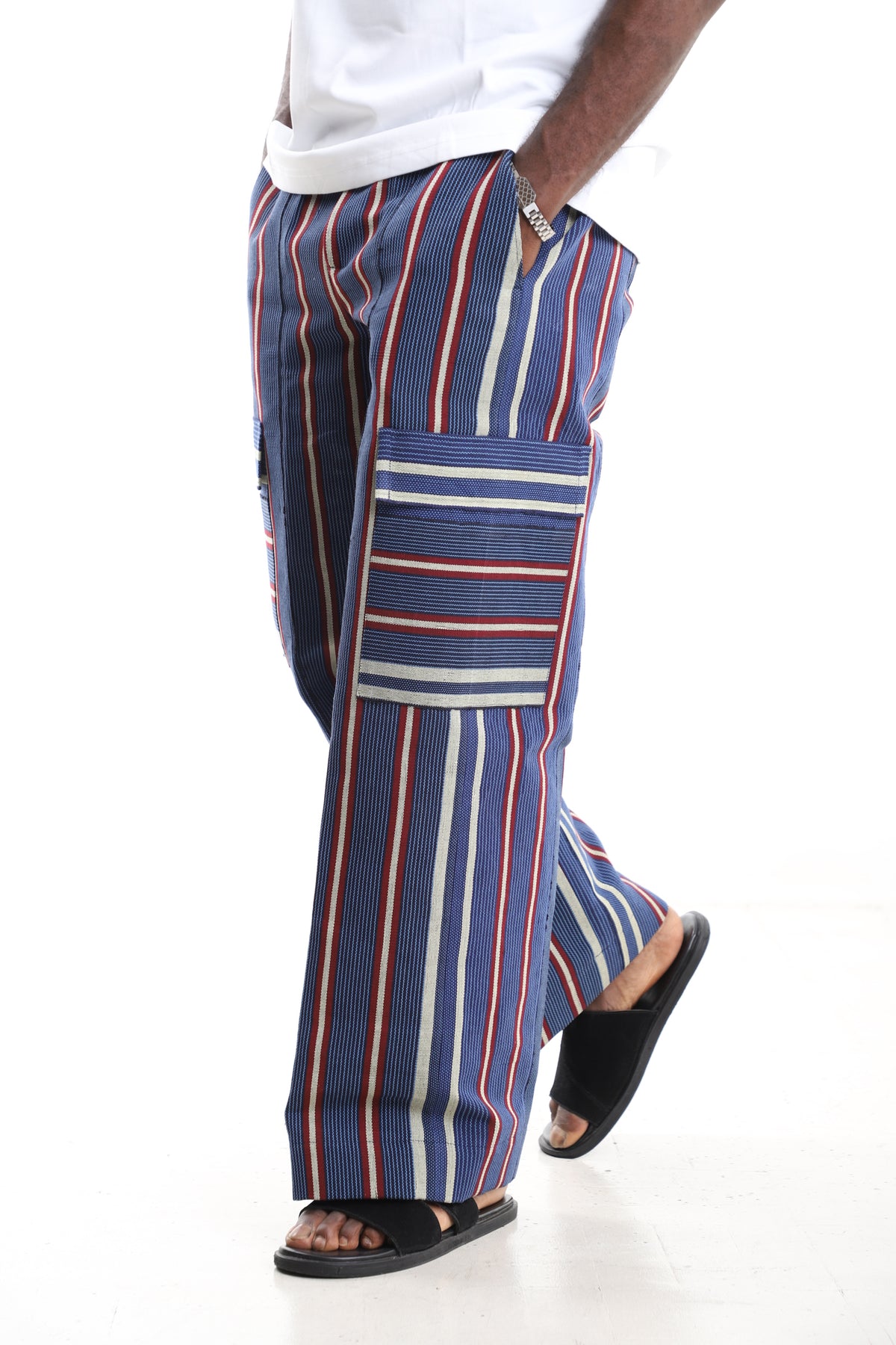 King Kaftan Striped Hand-Woven Aso-Oke Utility Cargo Pants – Side View – African men's fashion Nigeria