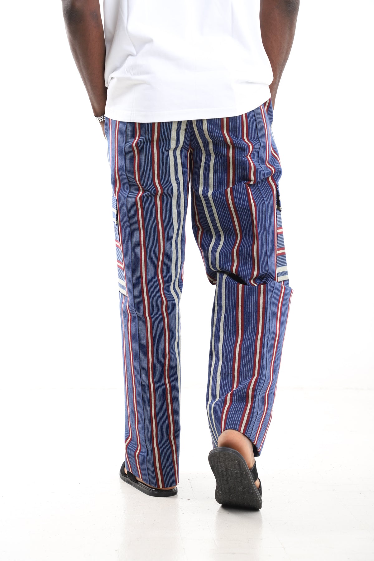 King Kaftan Striped Hand-Woven Aso-Oke Utility Cargo Pants – Back View – African men's fashion Nigeria
