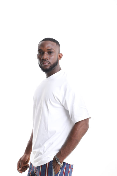 King Kaftan White Cotton T-Shirt – Side View – African men's fashion Nigeria