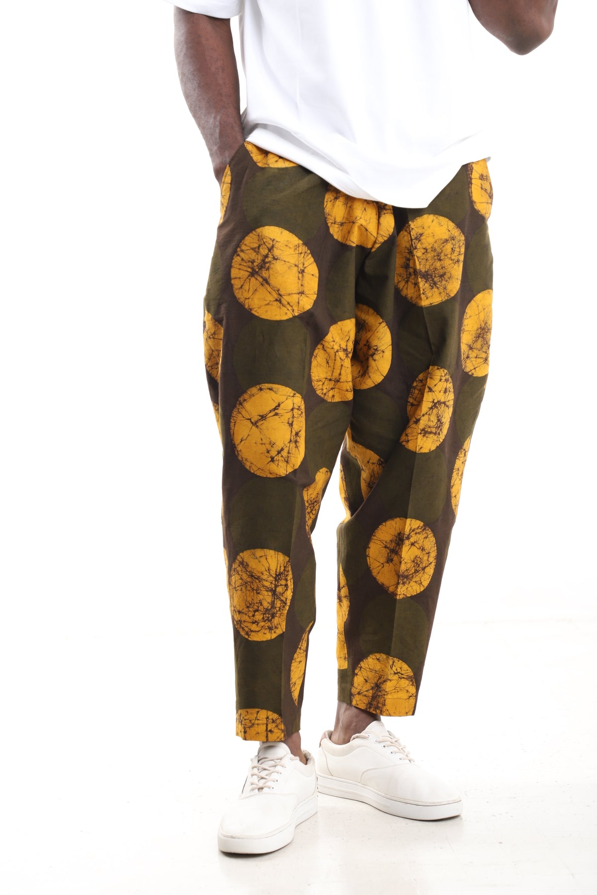 King Kaftan Sunburst Batik Adire Cotton Barrel Pants – Front View – African men's fashion Nigeria