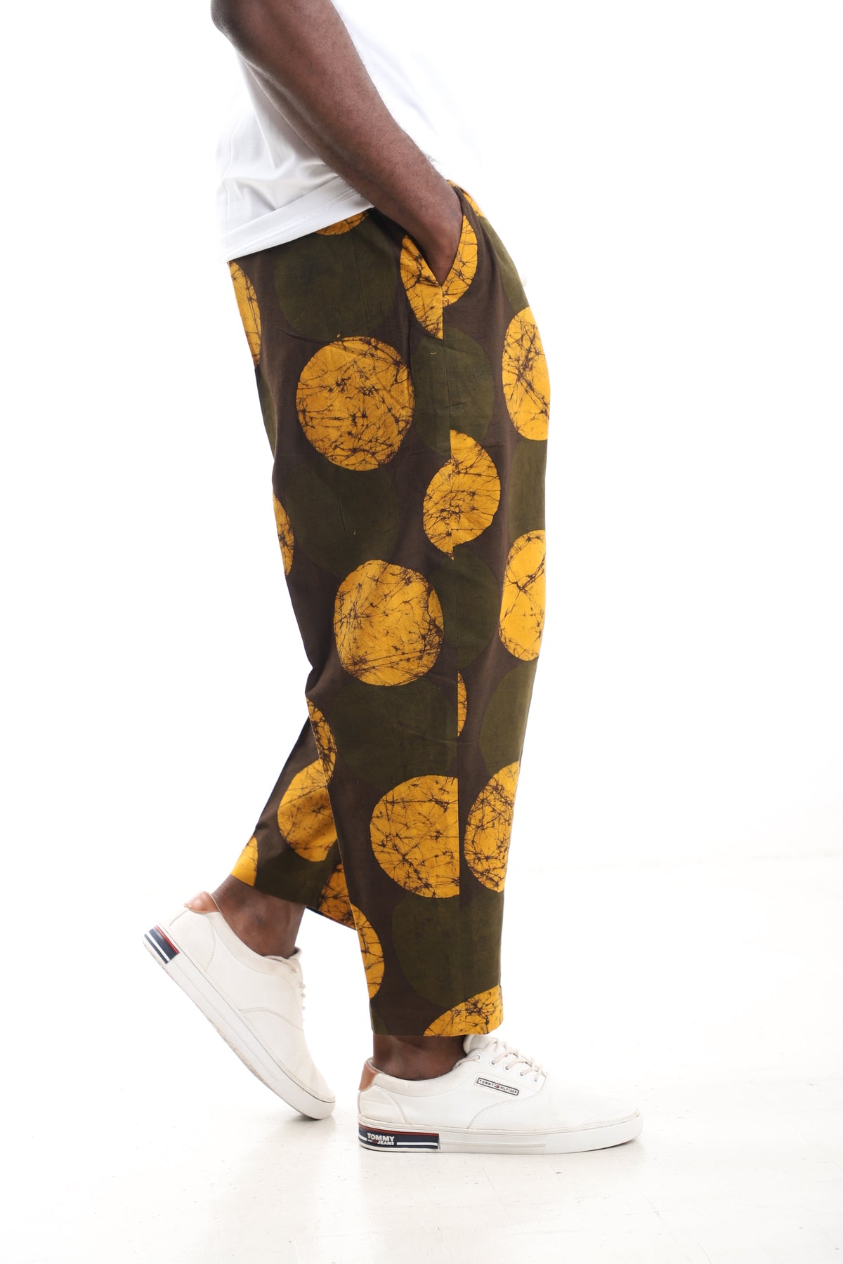 King Kaftan Sunburst Batik Adire Cotton Barrel Pants – Side View – African men's fashion Nigeria