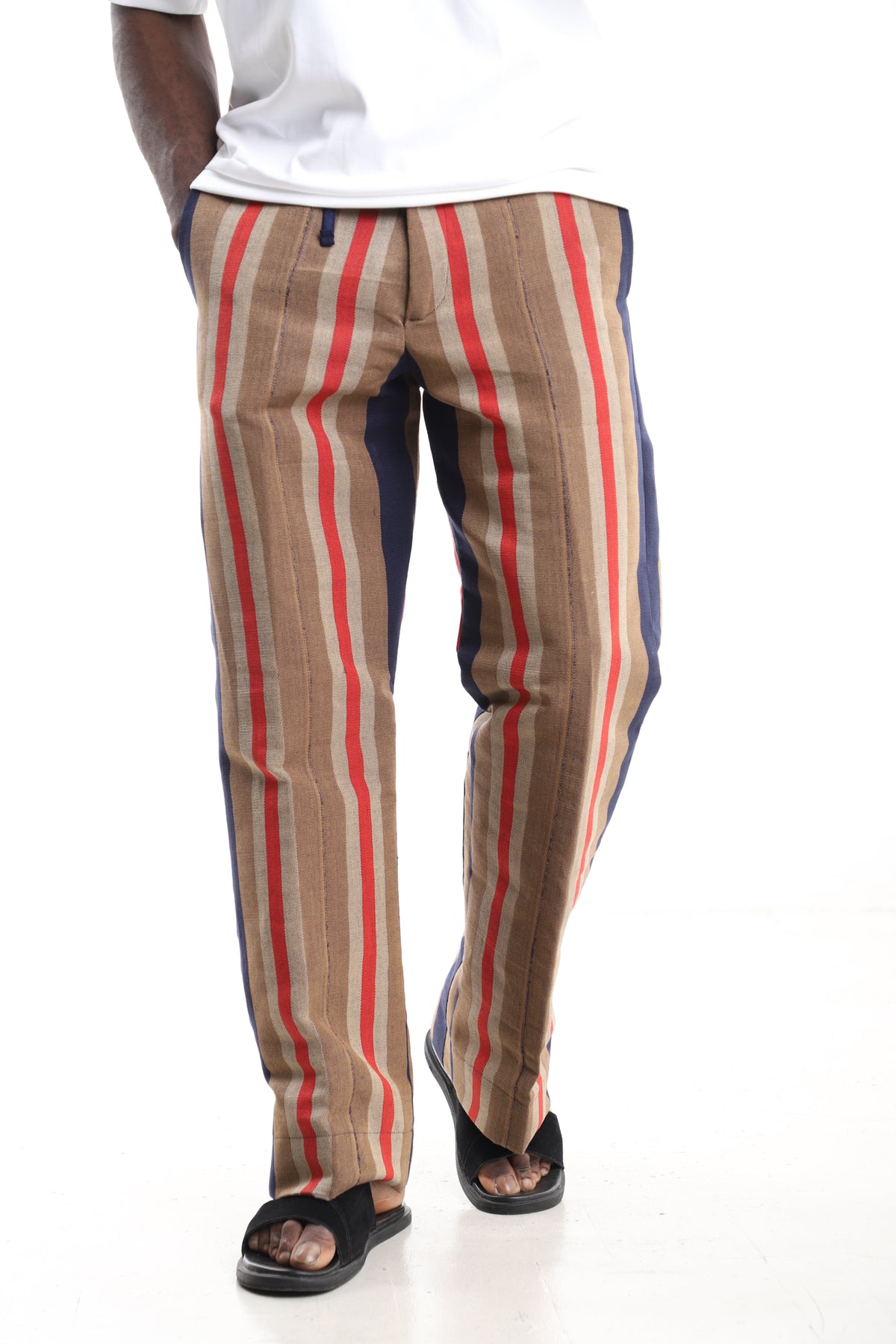King Kaftan Striped Hand-Woven Aso-Oke Drawstring Trousers – Front View – African men's fashion Nigeria