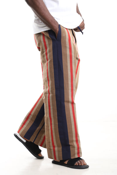 King Kaftan Striped Hand-Woven Aso-Oke Drawstring Trousers – Side View – African men's fashion Nigeria