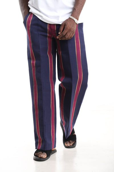 King Kaftan Striped Hand-Woven Aso-Oke Wide-Leg Trousers – Front View – African men's fashion Nigeria