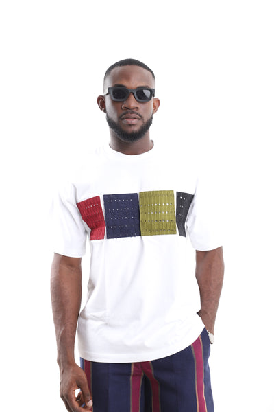 King Kaftan Colorblock Eyelet Patchwork T-Shirt – Front View – African men's fashion Nigeria