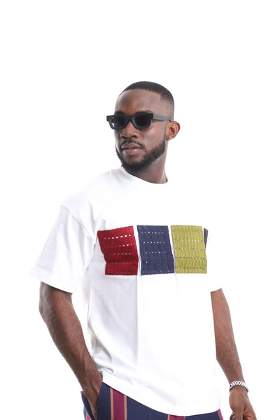 King Kaftan Colorblock Eyelet Patchwork T-Shirt – Eyelet Patch Detail – African men's fashion Nigeria.