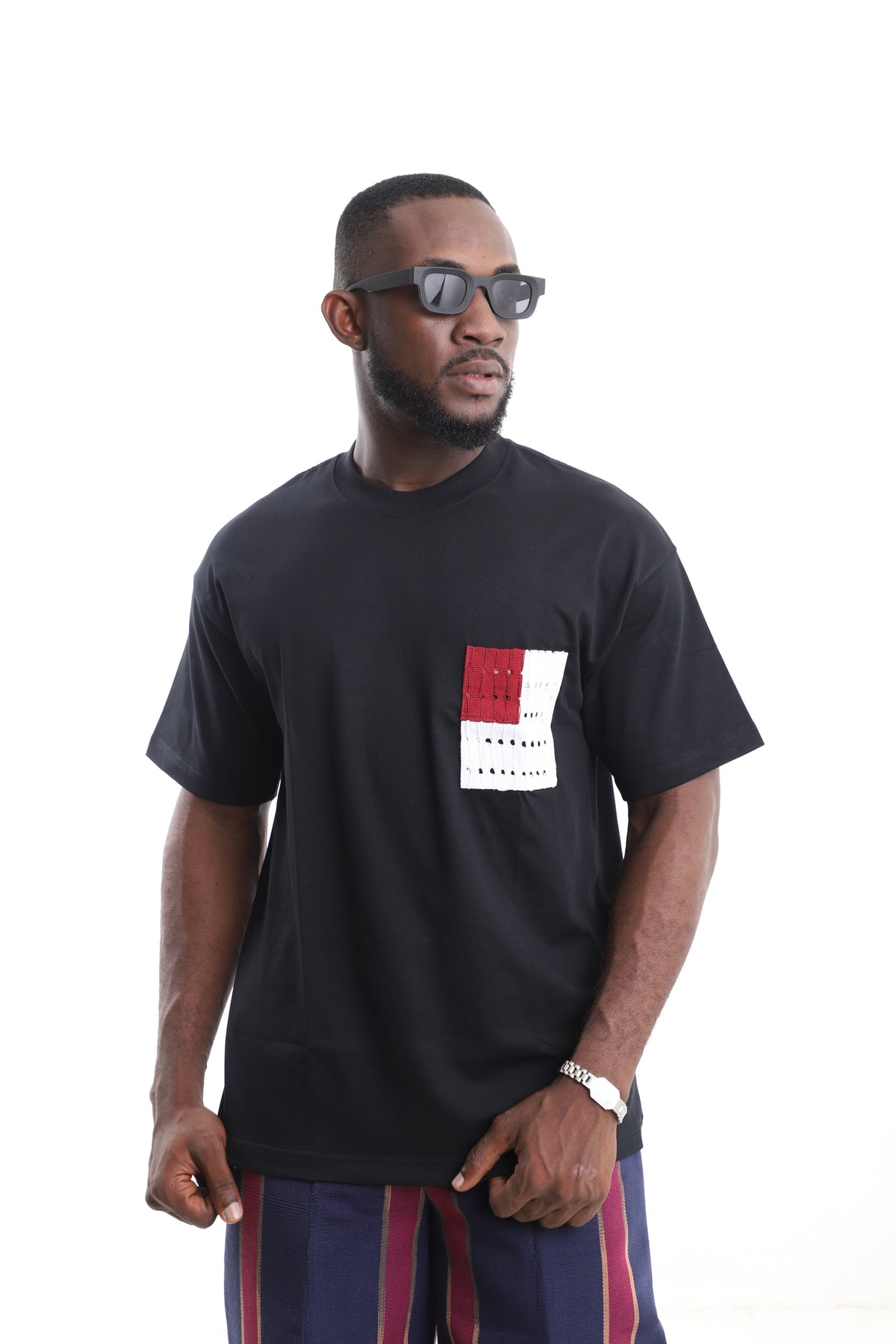 King Kaftan Patchwork Pocket Black Cotton T-Shirt – Front View – African men's fashion Nigeria