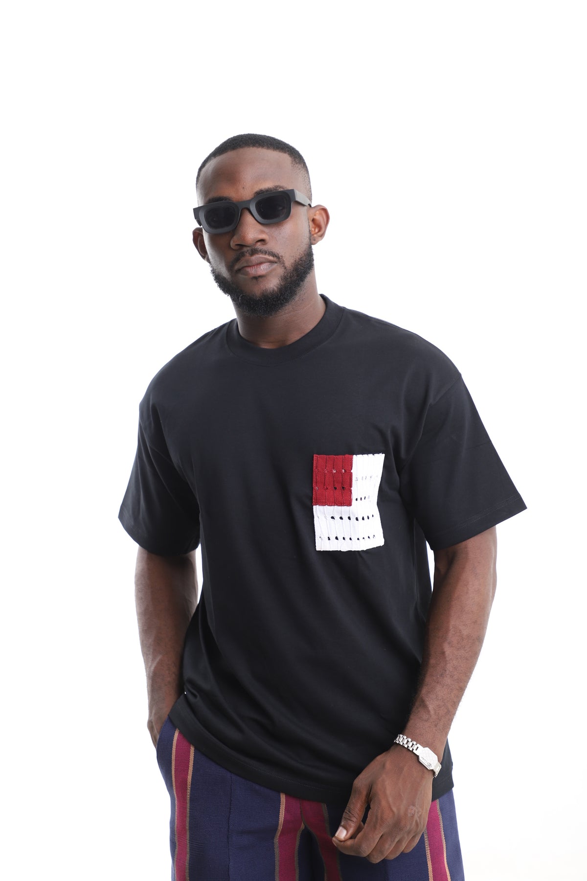 King Kaftan Patchwork Pocket Black Cotton T-Shirt – Side View – African men's fashion Nigeria