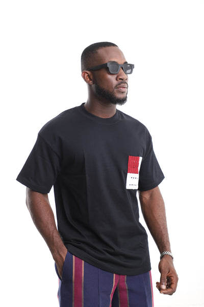 King Kaftan Patchwork Pocket Black Cotton T-Shirt – Patch Pocket Detail – African men's fashion Nigeria