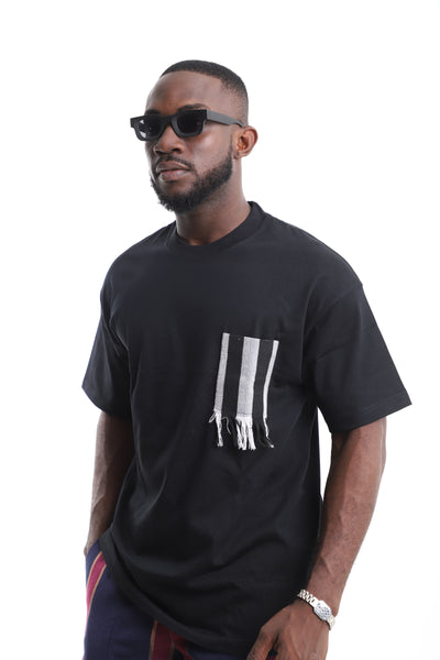King Kaftan Fringed Striped Pocket Black Oversized Cotton T-Shirt – Side View – African men's fashion Nigeria