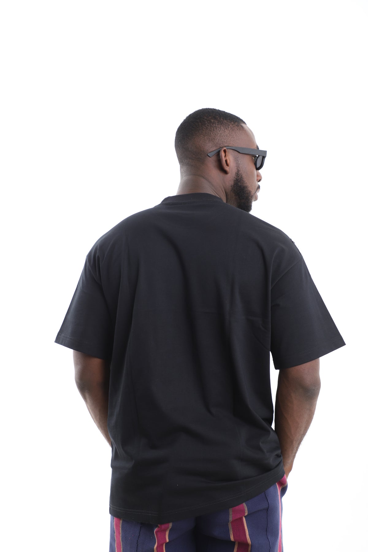 King Kaftan Fringed Striped Pocket Black Oversized Cotton T-Shirt – Back View – African men's fashion Nigeria