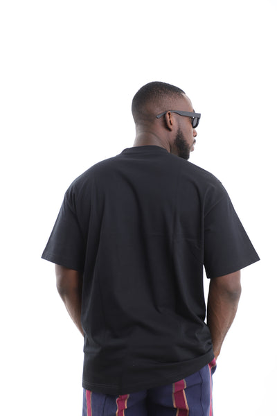 King Kaftan Fringed Striped Pocket Black Oversized Cotton T-Shirt – Back View – African men's fashion Nigeria
