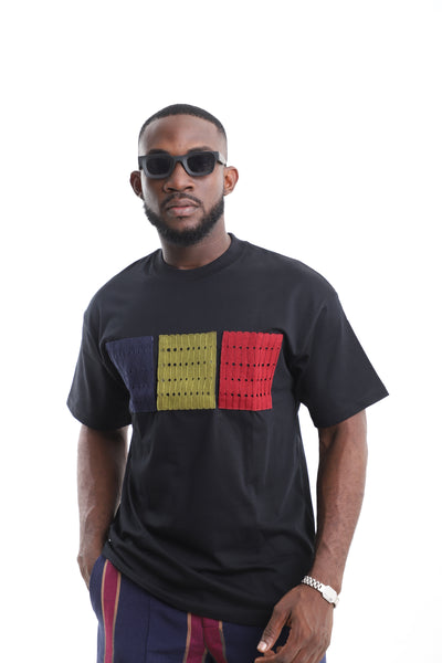 King Kaftan Tricolor Patchwork Chest Black Cotton T-Shirt – Front View – African men's fashion Nigeria