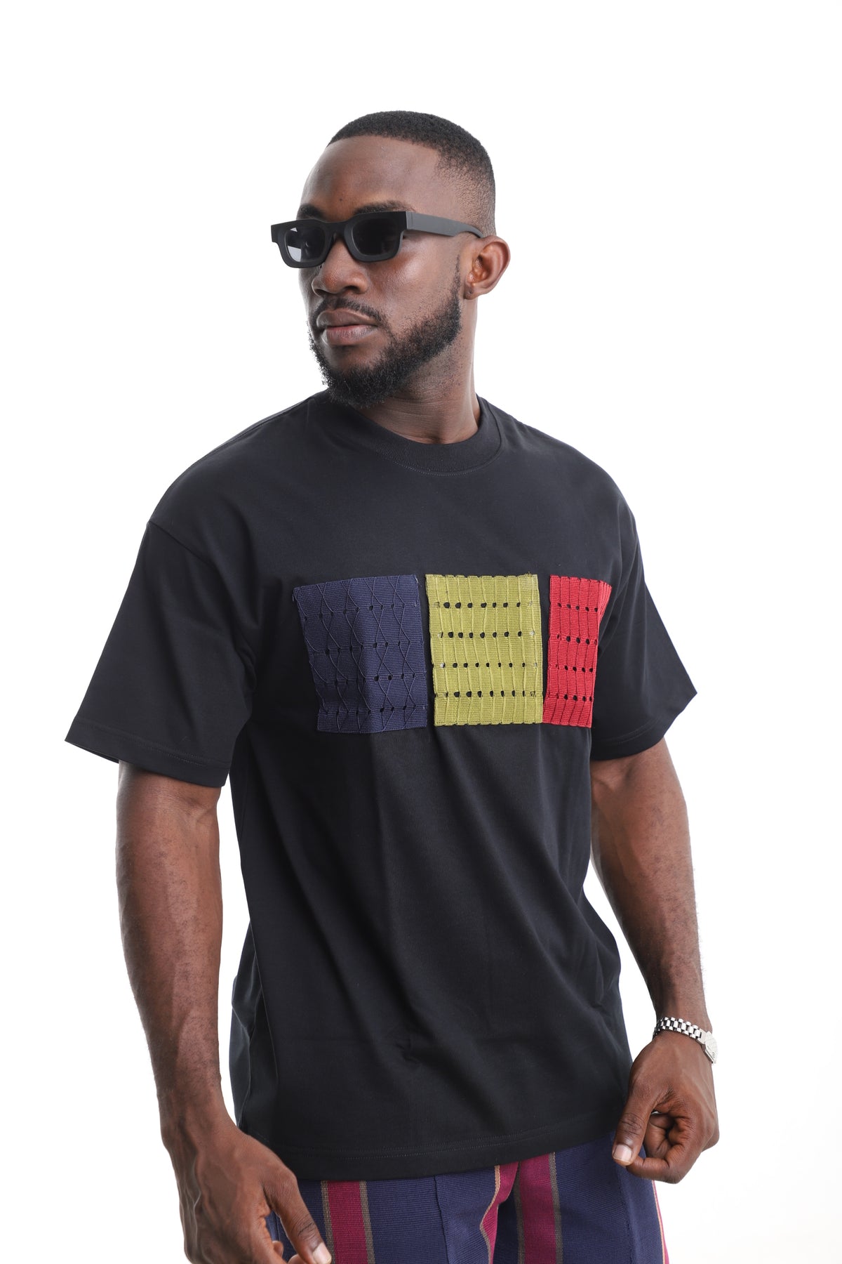 King Kaftan Tricolor Patchwork Chest Black Cotton T-Shirt – Side View – African men's fashion Nigeria