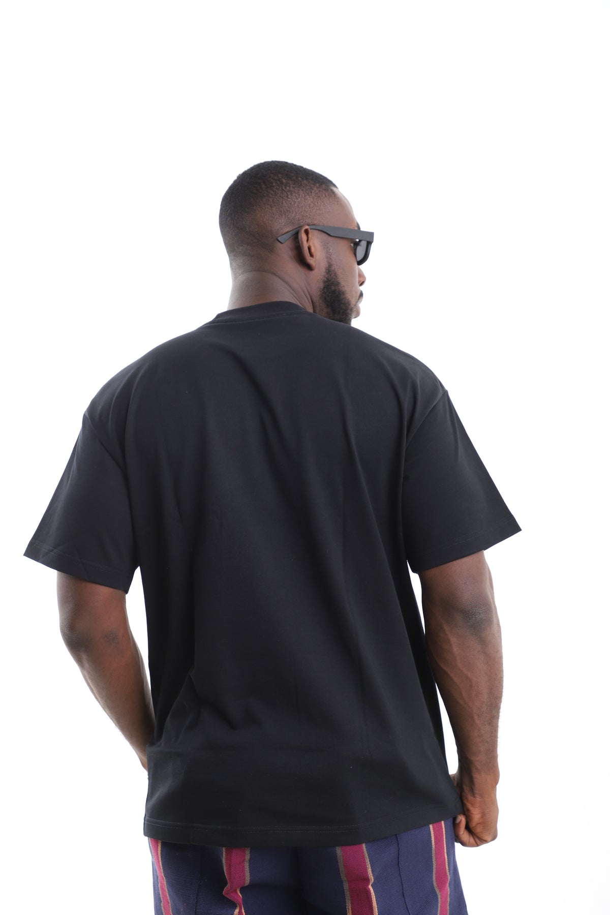 King Kaftan Tricolor Patchwork Chest Black Cotton T-Shirt – Back View – African men's fashion Nigeria