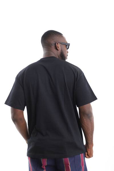 King Kaftan Tricolor Patchwork Chest Black Cotton T-Shirt – Back View – African men's fashion Nigeria