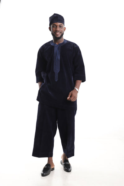 Kaftan Velvet Embroidered Navy Blue Traditional Kaftan Set – Front View – African men's fashion Nigeria