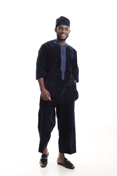 King Kaftan Velvet Embroidered Navy Blue Traditional Kaftan Set – Front View – African men's fashion Nigeria