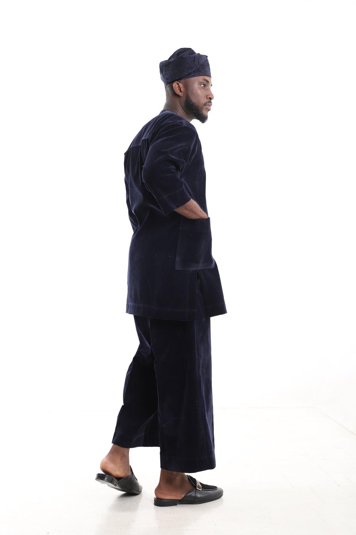 King Kaftan Velvet Embroidered Navy Blue Traditional Kaftan Set – Side View – African men's fashion Nigeria