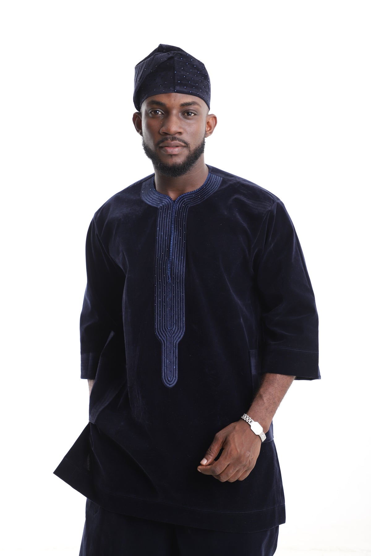 King Kaftan Velvet Embroidered Navy Blue Traditional Kaftan Set – Detail View – African men's fashion Nigeria