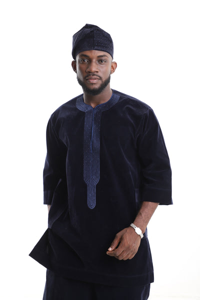 King Kaftan Velvet Embroidered Navy Blue Traditional Kaftan Set – Detail View – African men's fashion Nigeria