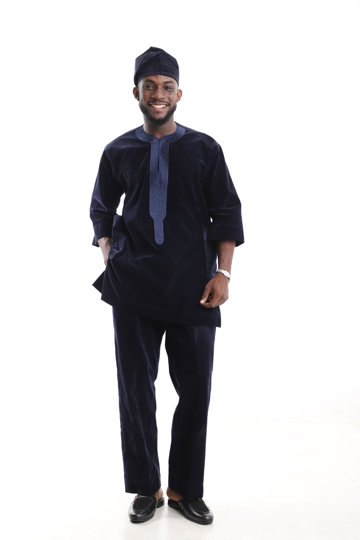 King Kaftan Velvet Embroidered Navy Blue Kaftan Set – Front View – African men's fashion Nigeria
