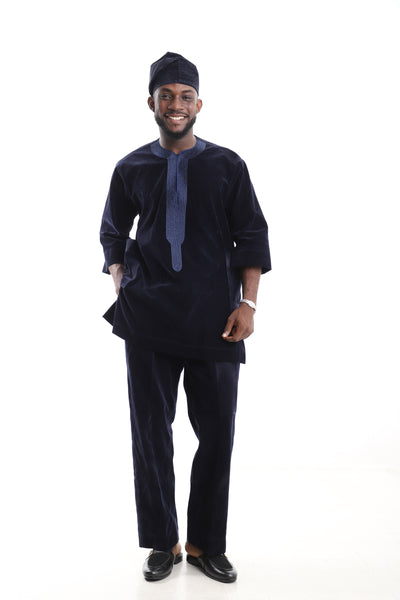 King Kaftan Velvet Embroidered Navy Blue Kaftan Set – Front View – African men's fashion Nigeria