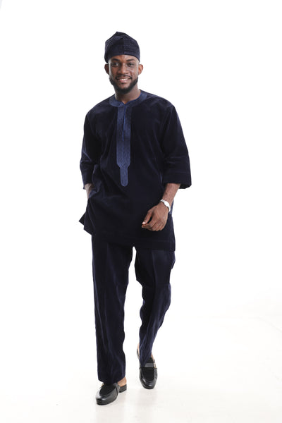 King Kaftan Velvet Embroidered Navy Blue Kaftan Set – Front View – African men's fashion Nigeria