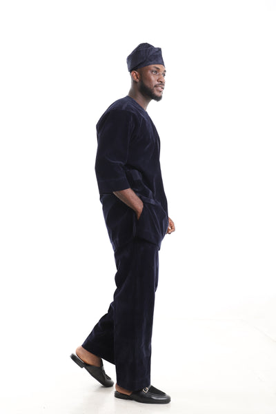 Kaftan Velvet Embroidered Navy Blue Kaftan Set – Side View – African men's fashion Nigeria