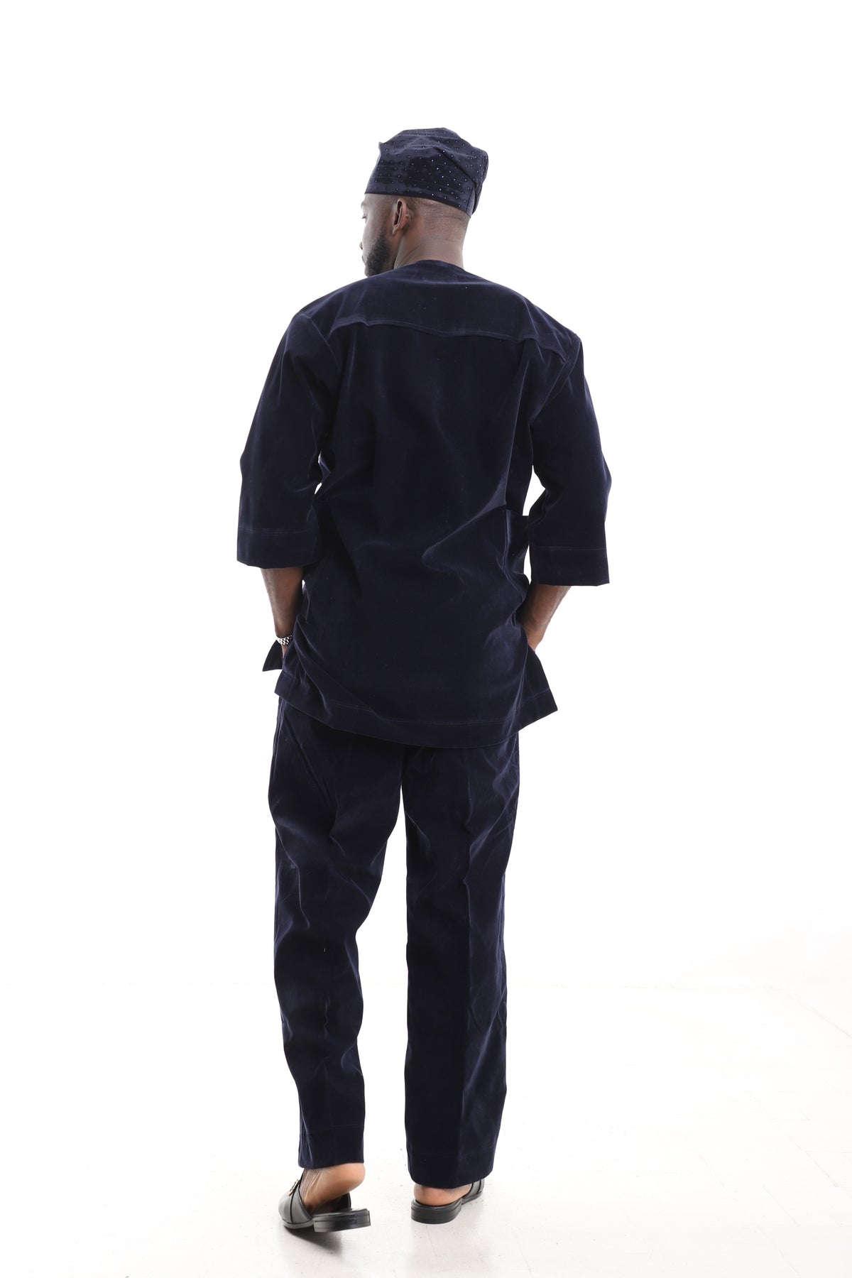 King Kaftan Velvet Embroidered Navy Blue Kaftan Set – Back View – African men's fashion Nigeria