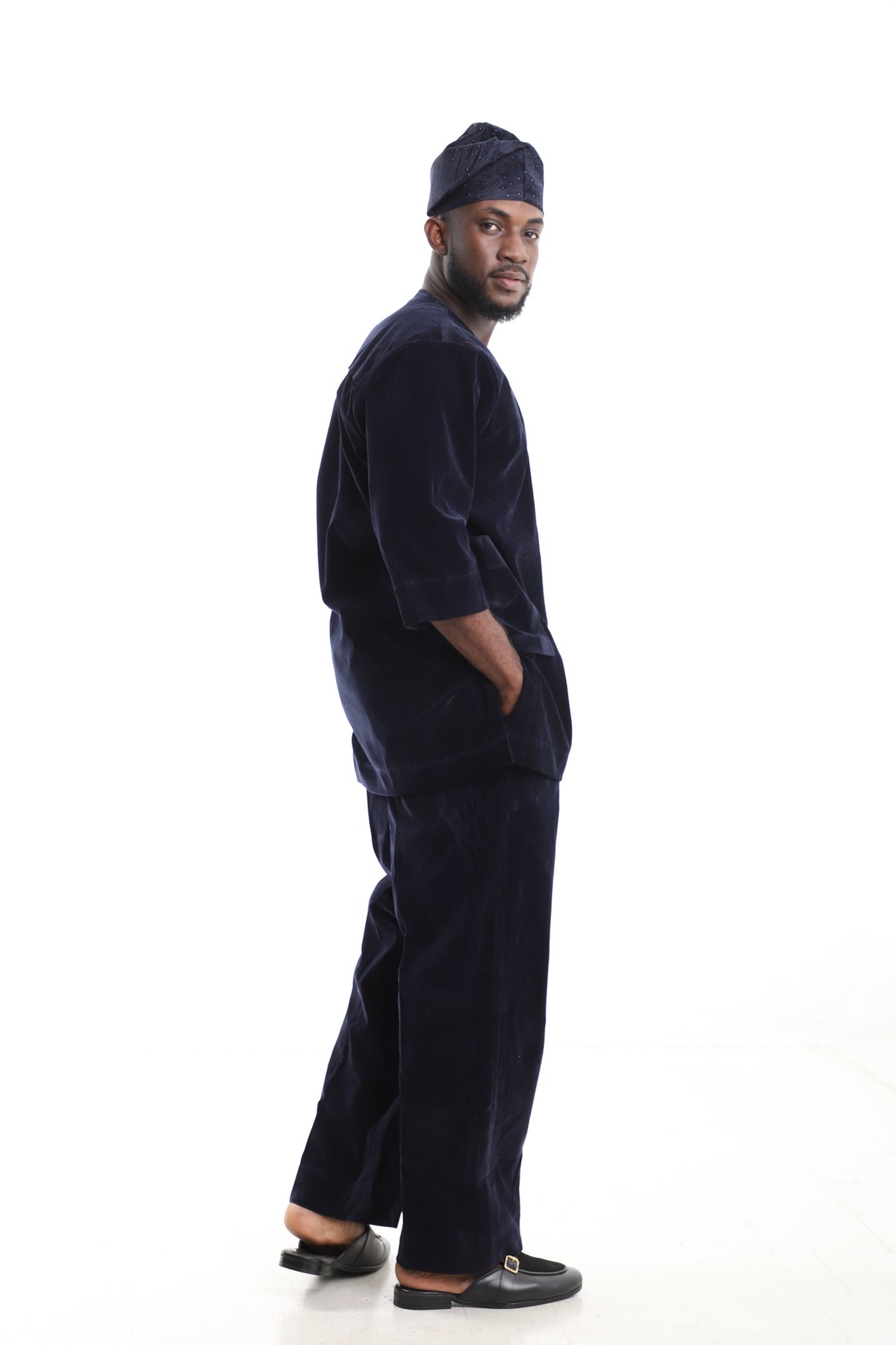 Kaftan Velvet Embroidered Navy Blue Kaftan Set – Side View – African men's fashion Nigeria