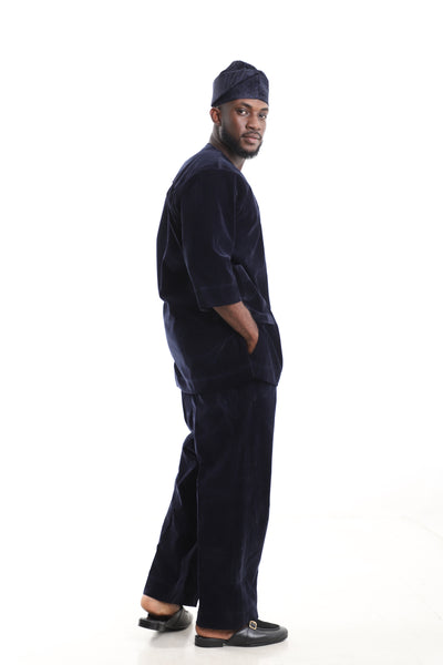 Kaftan Velvet Embroidered Navy Blue Kaftan Set – Side View – African men's fashion Nigeria