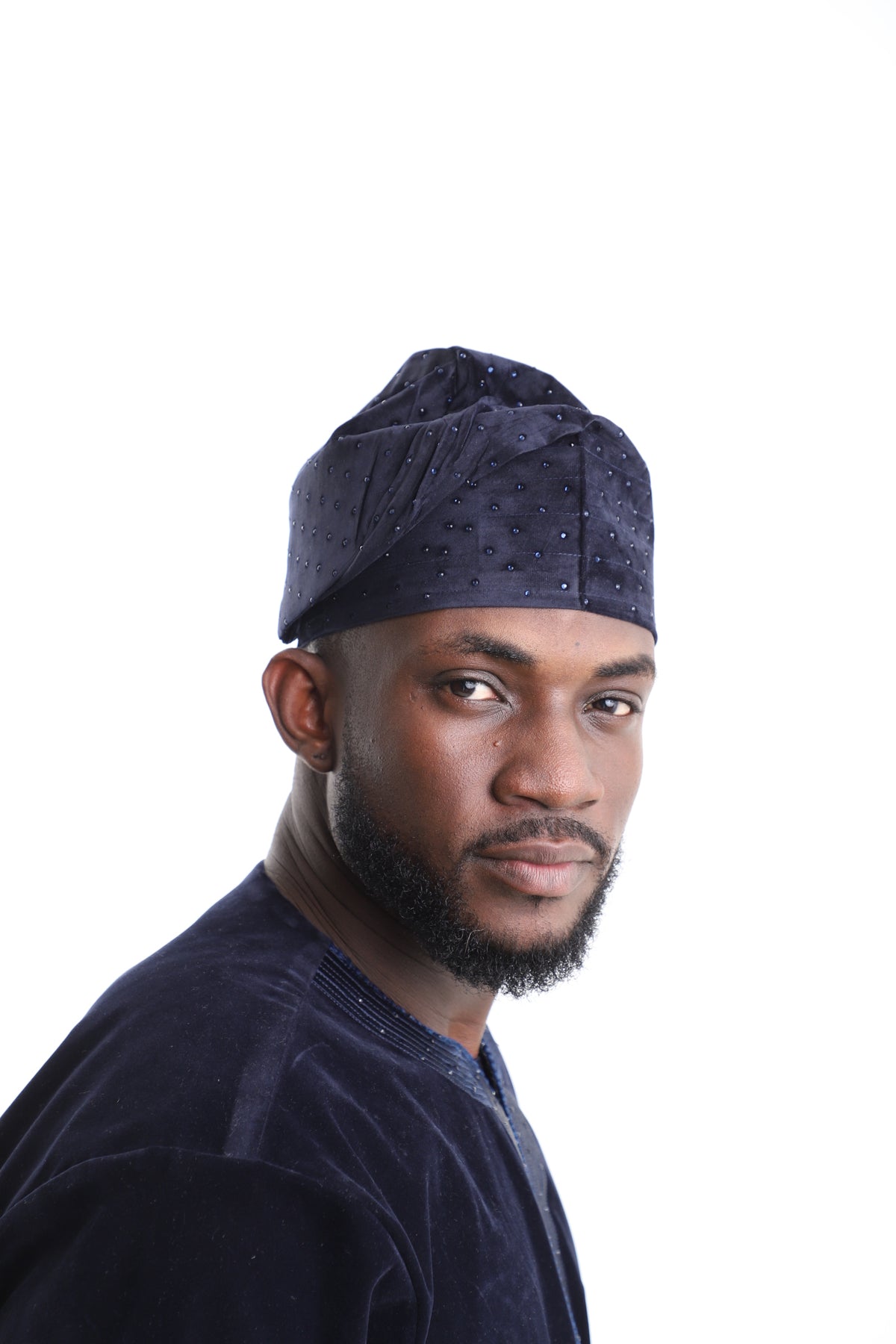 King Kaftan Embellished Midnight Navy Velvet Fila Traditional Cap – Front View – African men's fashion Nigeria