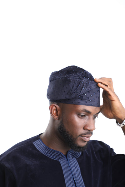 King Kaftan Embellished Midnight Navy Velvet Fila Traditional Cap – Detail View – African men's fashion Nigeria