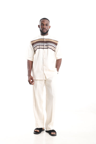 King Kaftan Striped Yoke Cream Off-White Linen Two-Piece Set – Front View – African men's fashion Nigeria